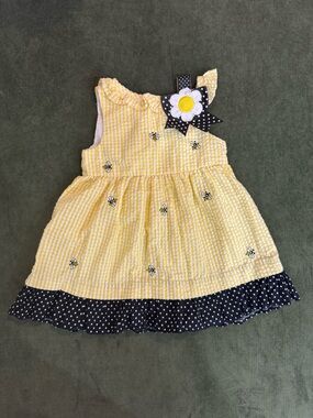 Counting Daisies Yellow Bee Embroidered Gingham Dress with Polka Dot Trim